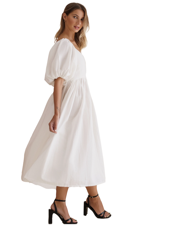 Cut from pure linen for drape and lightness, this romantic midi frock is framed by an on-trend oval neckline and smocked square shape back.  Complete the perfect look with sandals for a sunlit afternoon picnic or dress it up with heels to enjoy the sunset cocktails.  -100% Linen -Hand wash cold      Eco friendly     Handmade     Women owned     Small batch